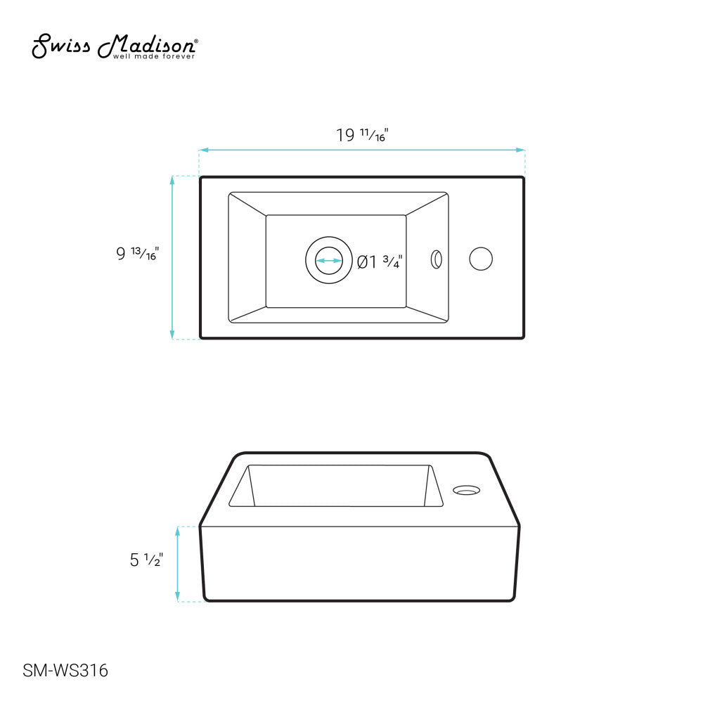 Voltaire 19.5 x 10 Rectangular Ceramic Wall Hung Sink with Right Side Faucet Mount