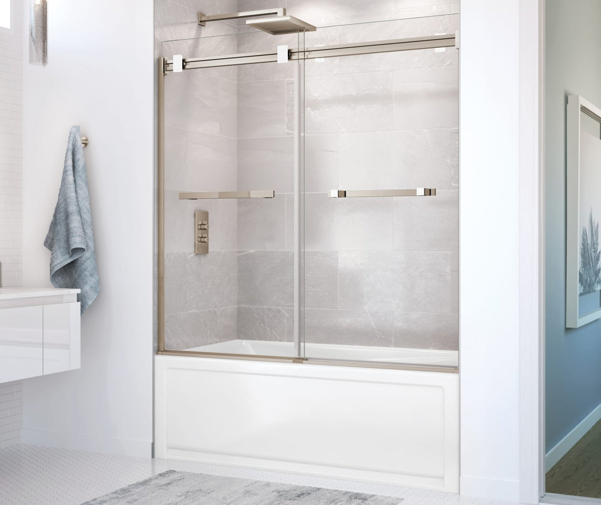 MAAX 136270-900-290-000 Duel 56-59 x 55 ½ x 59 in. 8 mm Bypass Tub Door for Alcove Installation with Clear glass in Brushed Nickel & Matte White