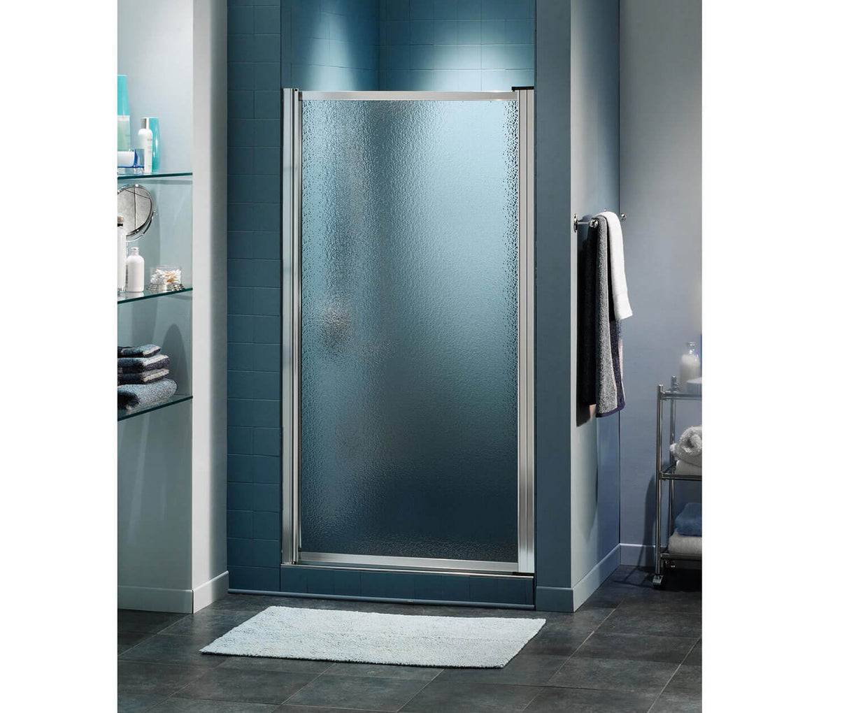 MAAX 136635-970-084-000 Pivolok 27-28 ¾ x 64 ½ in. Pivot Shower Door for Alcove Installation with Raindrop glass in Chrome