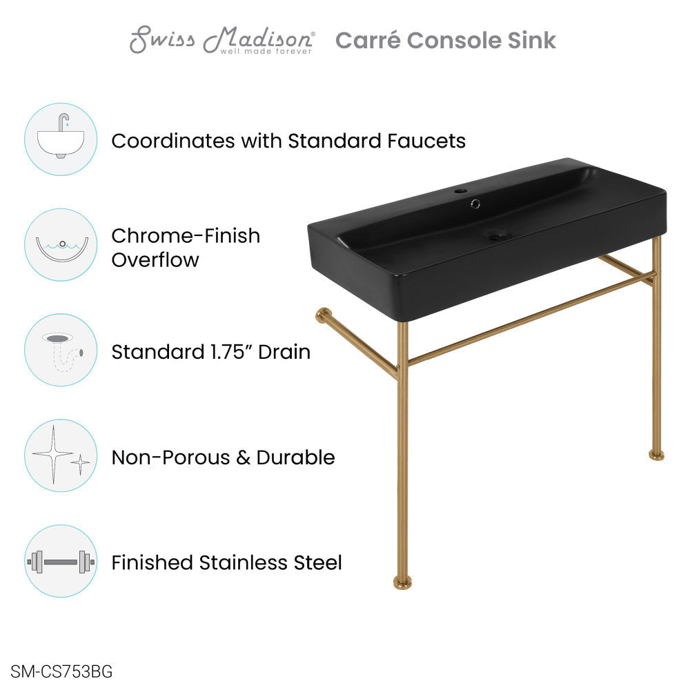 Carre 36 Ceramic Console Sink Matte Black Basin Brushed Gold Legs