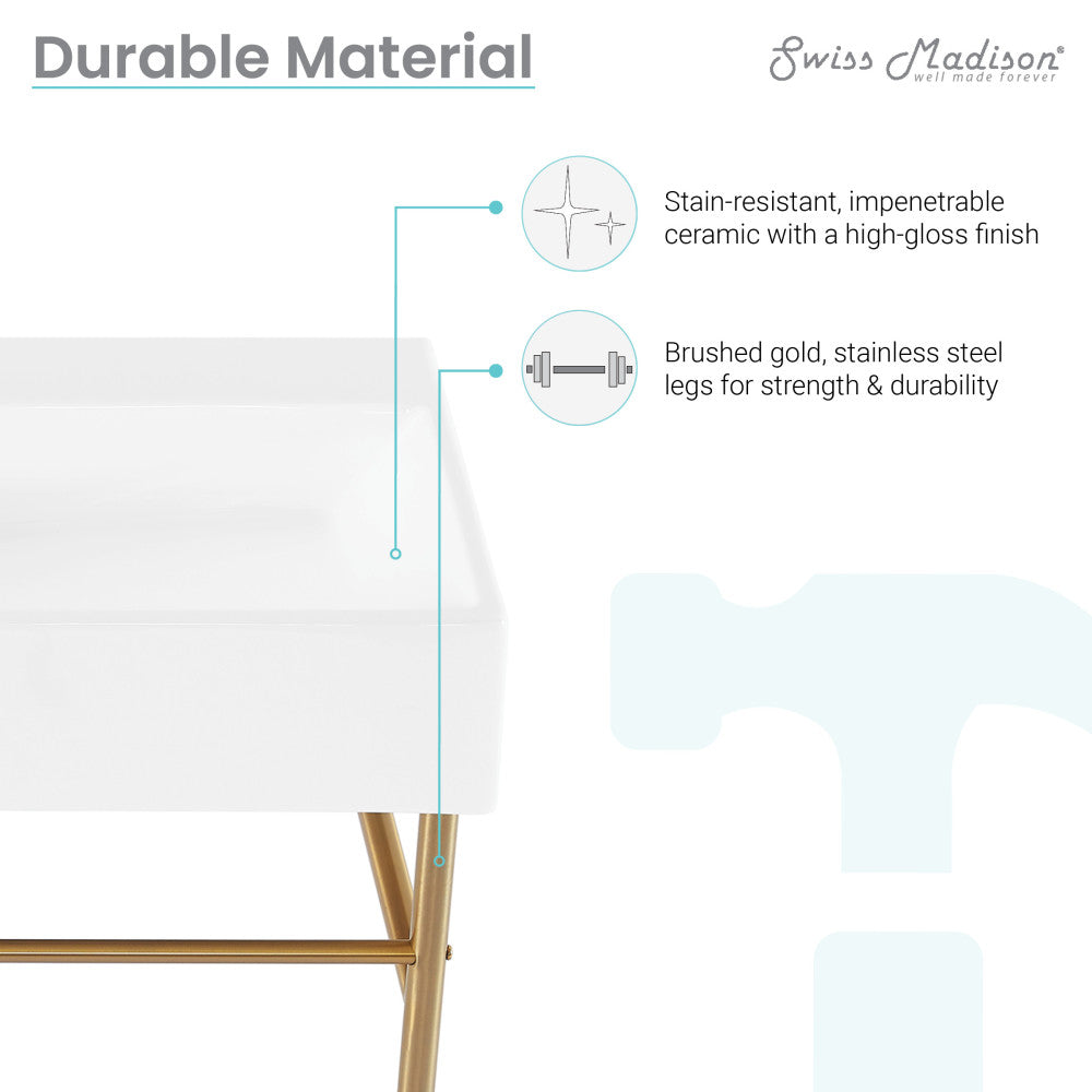 Claire 30 Ceramic Console Sink White Basin Brushed Gold Legs