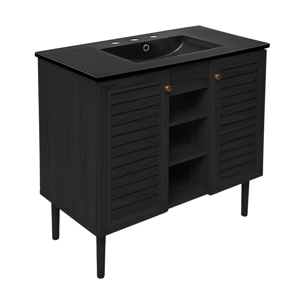 PoshHaus 36" Freestanding Bathroom Vanity in Black Oak with Black 3-Hole Widespread Sink Top