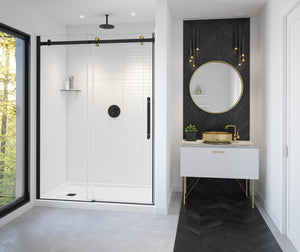 MAAX 138470-900-380-000 Vela 56 ½-59 x 78 ¾ in. 8mm Sliding Shower Door for Alcove Installation with Clear glass in Matte Black and Brushed Gold
