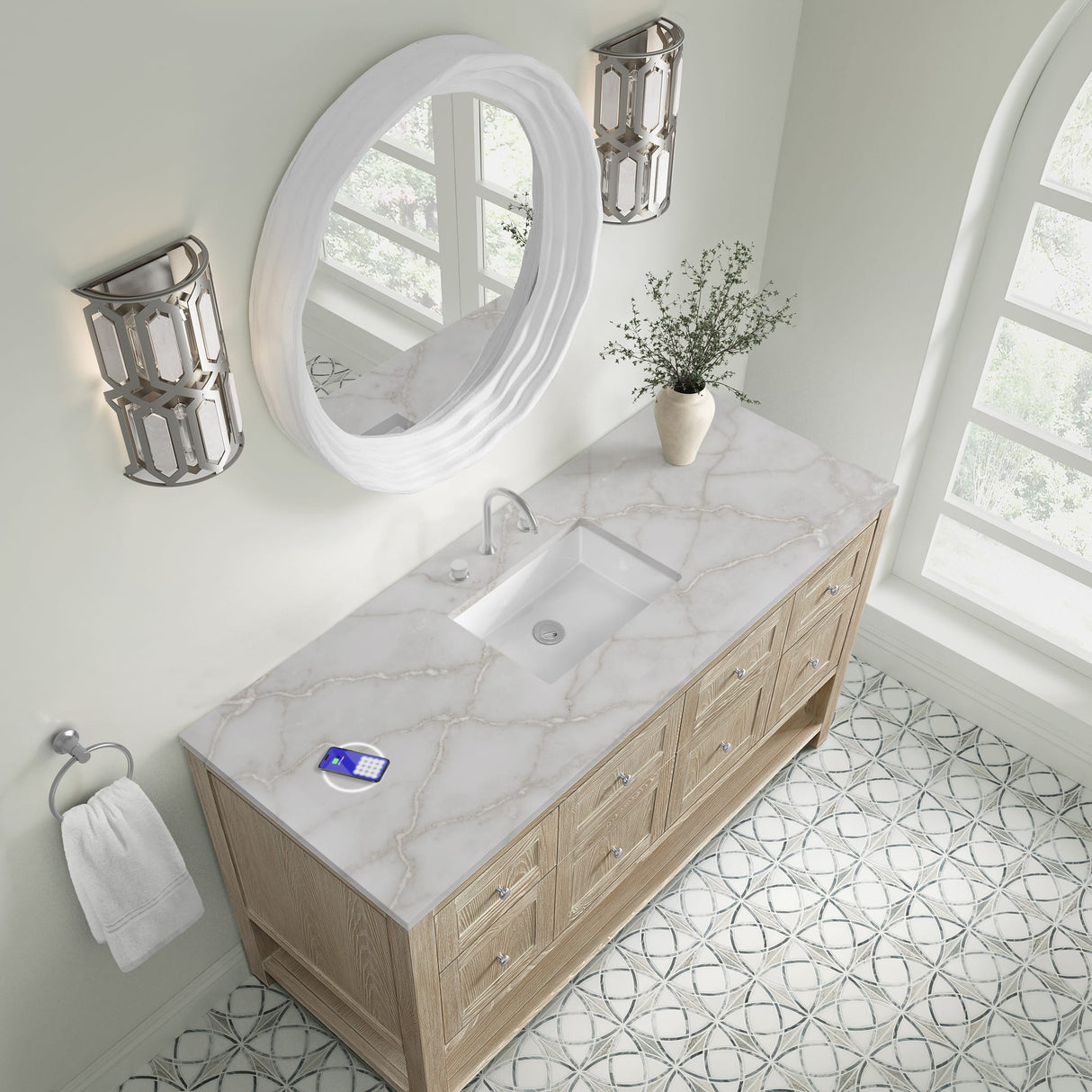 Breckenridge 60" Single Vanity, Whitewashed Oak, w/ 3 CM Victorian Silver Silestone Top w/ FreePower Wireless Charger