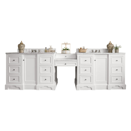 De Soto 118" Double Vanity Set, Bright White w/ 3 CM Carrara Marble Top