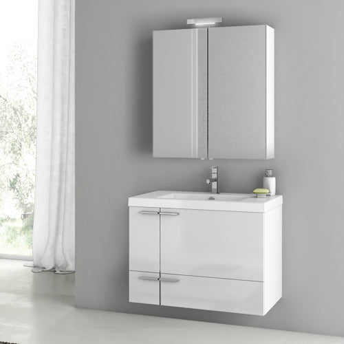 Floating Bathroom Vanity, Modern, 32", Glossy White