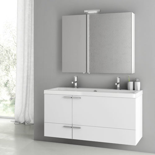 Double Bathroom Vanity, Wall Mounted, 48", Glossy White