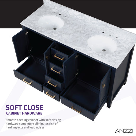 ANZZI VT-MRCT0060-NB Chateau 60 in. W x 22 in. D Bathroom Vanity Set in Navy Blue with Carrara Marble Top with White Sink