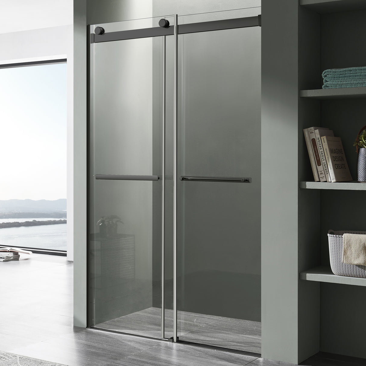 ANZZI SD-FRLS05802MB Kahn Series 60 in. x 76 in. Frameless Sliding Shower Door with Horizontal Handle in Matte Black