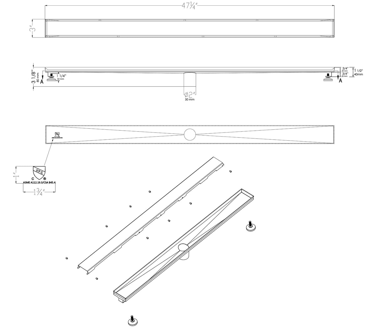 ALFI brand 47" Polished Stainless Steel Linear Shower Drain with Solid Cover