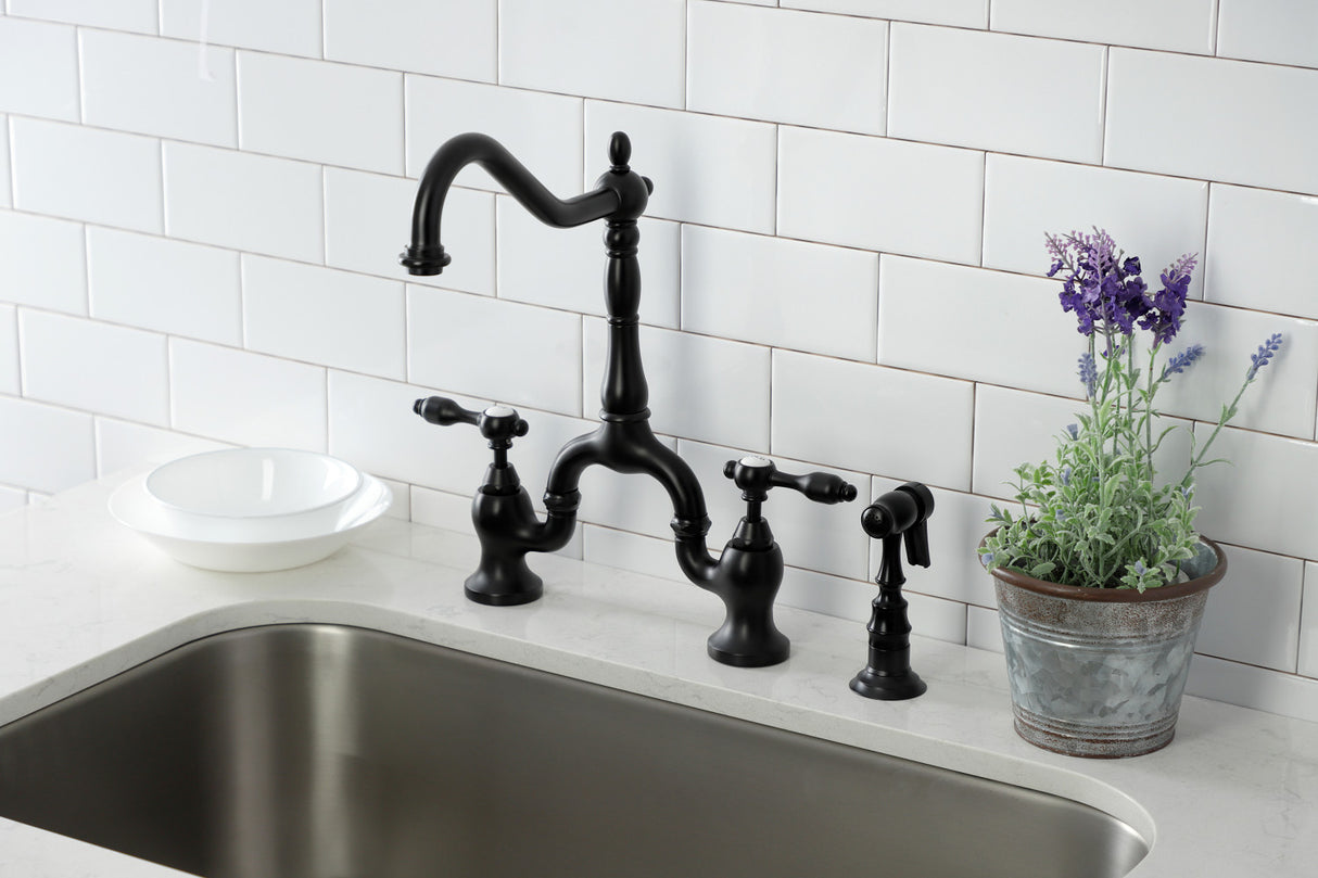 Kingston Brass KS7750TALBS Tudor Bridge Kitchen Faucet with Brass Sprayer, Matte Black