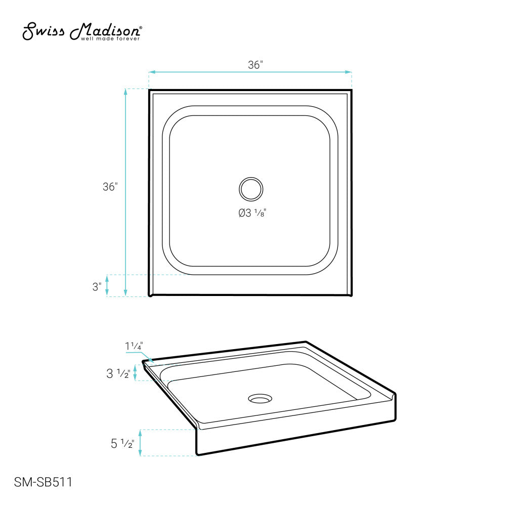 Voltaire 36 x 36 Acrylic White, Single-Threshold, Center Drain, Shower Base