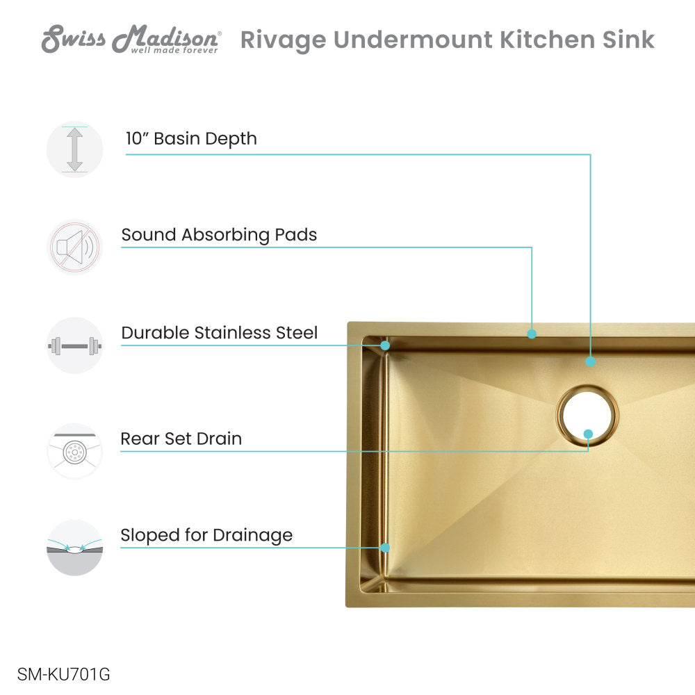 Rivage 32 x 19 Stainless Steel, Single Basin, Undermount Kitchen Sink, Gold