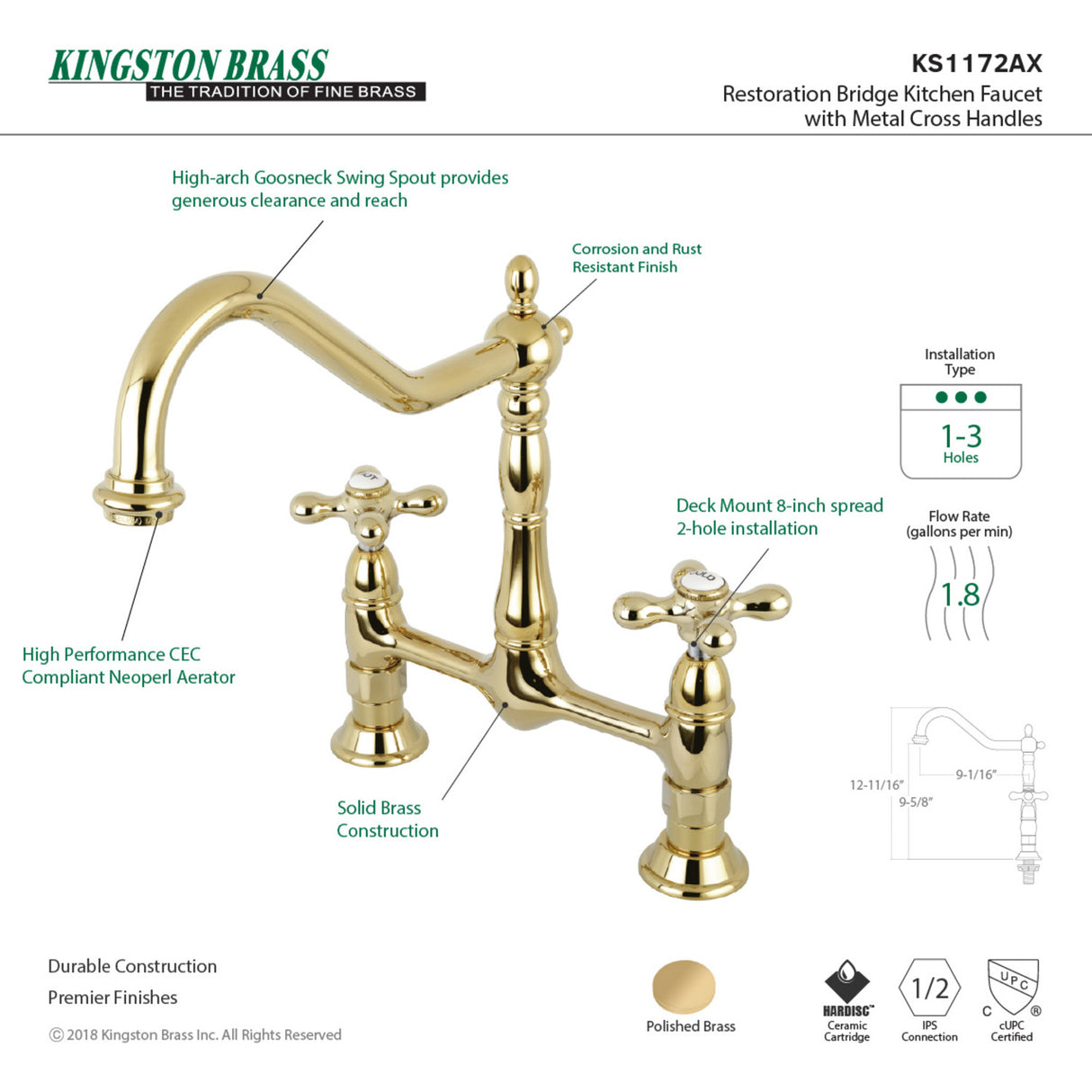 Kingston Brass KS1172AX Heritage Bridge Kitchen Faucet, Polished Brass