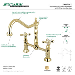 Kingston Brass KS1172AX Heritage Bridge Kitchen Faucet, Polished Brass
