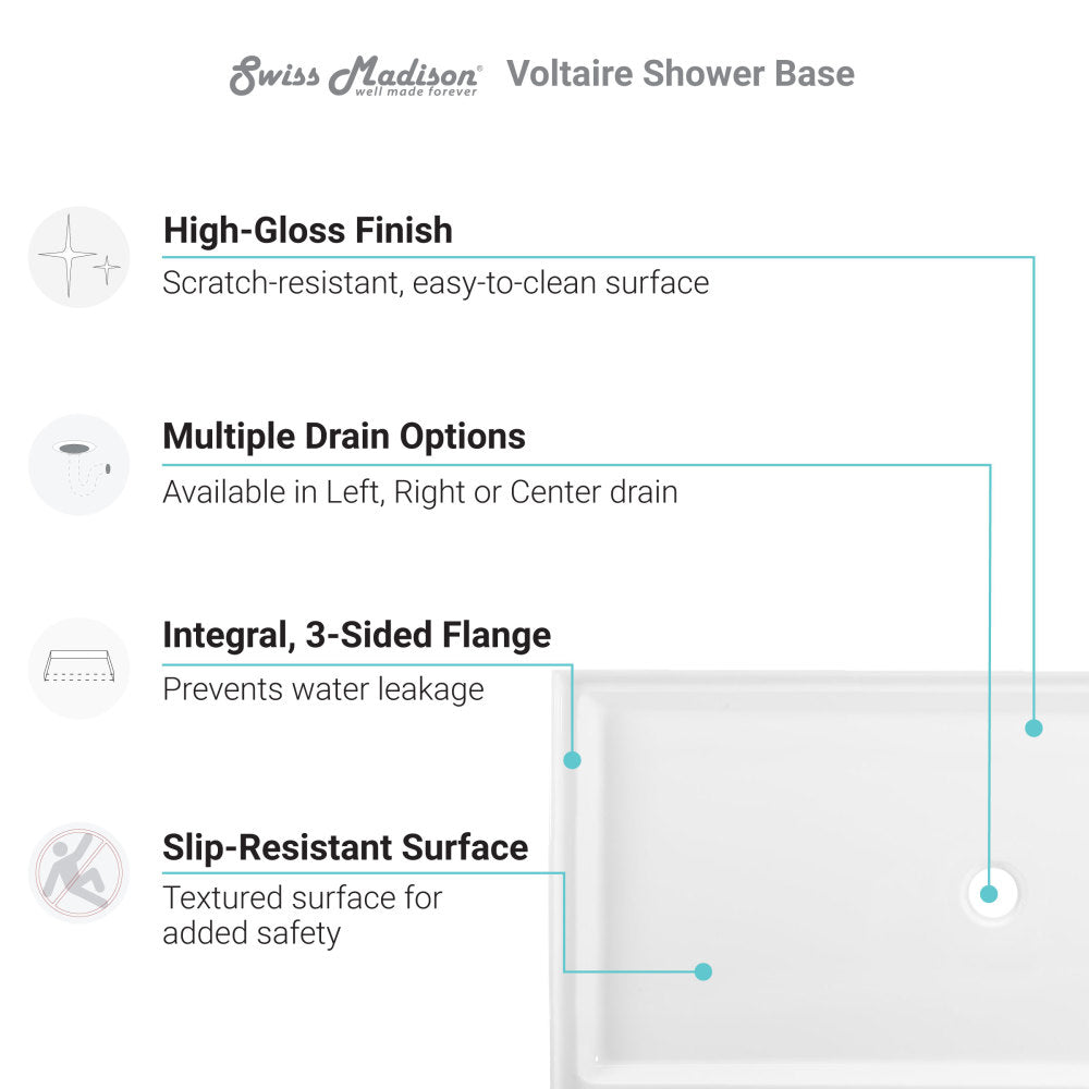 Voltaire 60 x 36 Acrylic White, Single-Threshold, Center Drain, Shower Base