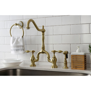 Kingston Brass KS7757TALBS Tudor Bridge Kitchen Faucet with Brass Sprayer, Brushed Brass
