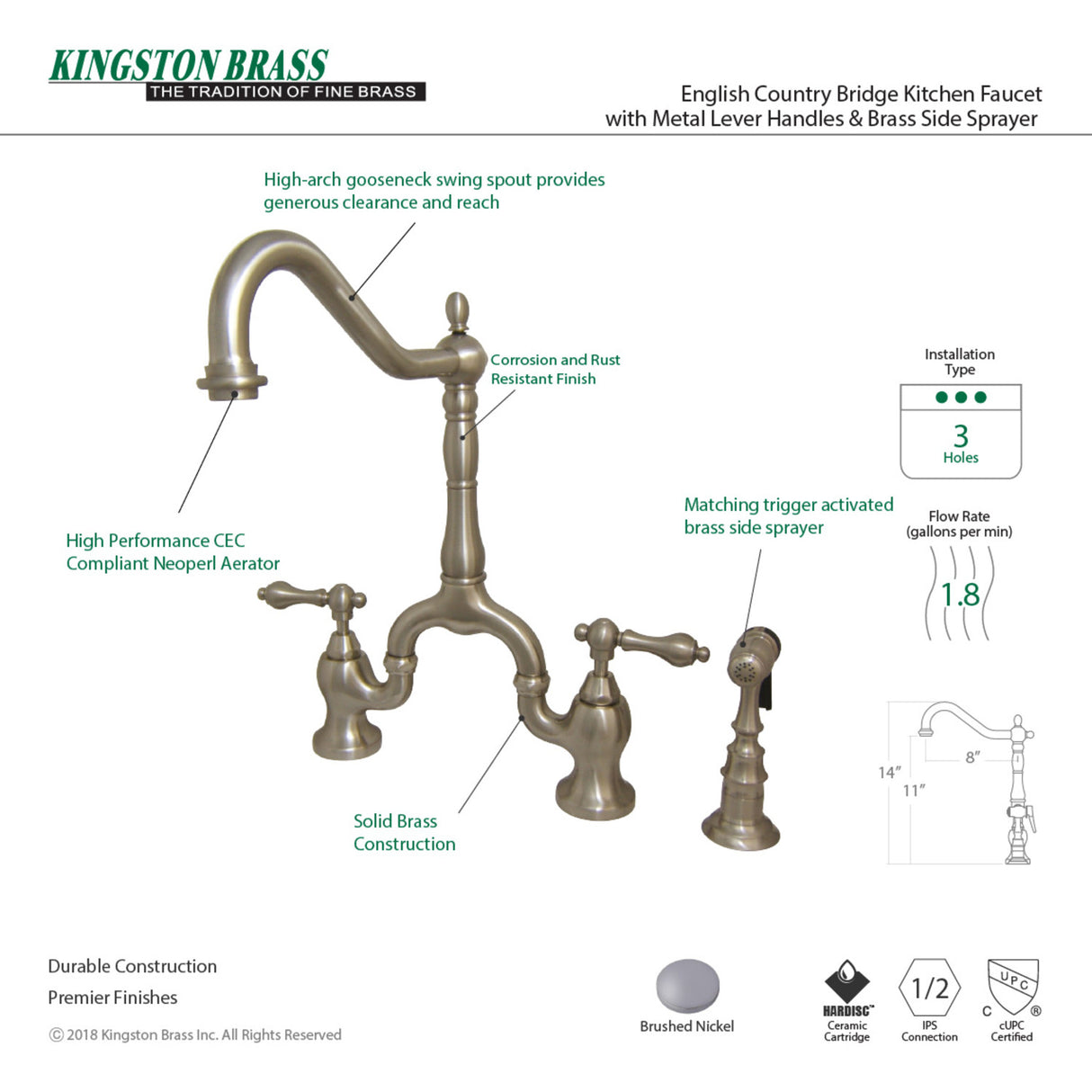 Kingston Brass KS7758ALBS English Country Kitchen Bridge Faucet with Brass Sprayer, Brushed Nickel