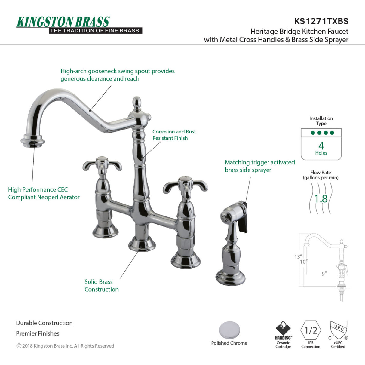 Kingston Brass KS1271TXBS French Country Bridge Kitchen Faucet with Brass Sprayer, Polished Chrome