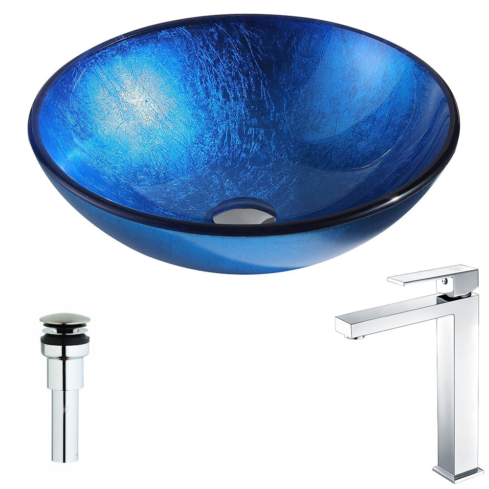 ANZZI LSAZ027-096 Clavier Series Deco-Glass Vessel Sink in Lustrous Blue with Enti Faucet in Chrome