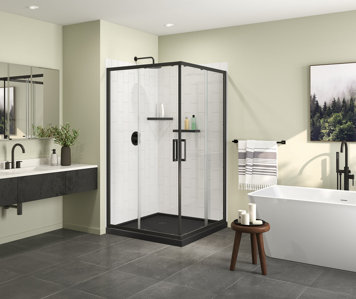 MAAX 107487-900-340-000 Scarlet 42 x 42 Acrylic Corner Drain Shower Kit in Black with Clear Glass in Matte Black