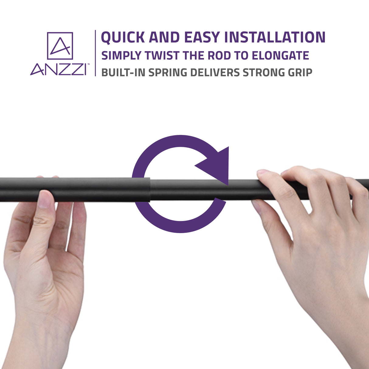 ANZZI AC-AZSR55MB 35-55 Inches Shower Curtain Rod with Shower Hooks in Matt Black | Adjustable Tension Shower Doorway Curtain Rod | Rust Resistant No Drilling Anti-Slip Bar for Bathroom | AC-AZSR55MB