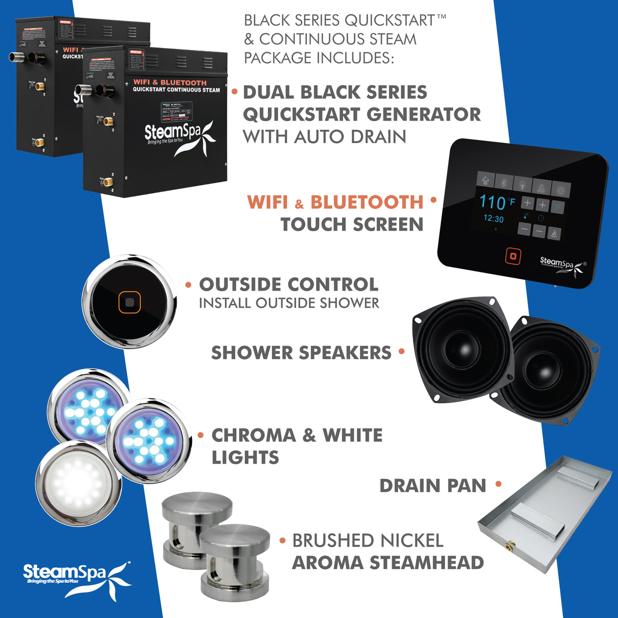 Black Series Wifi and Bluetooth 15kW QuickStart Steam Bath Generator Package in Brushed Nickel BKT1500BN-A