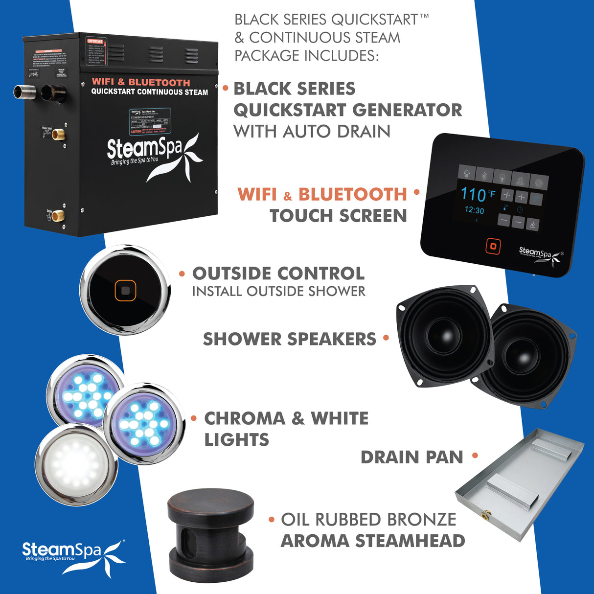 Black Series Wifi and Bluetooth 6kW QuickStart Steam Bath Generator Package in Oil Rubbed Bronze BKT600ORB-A