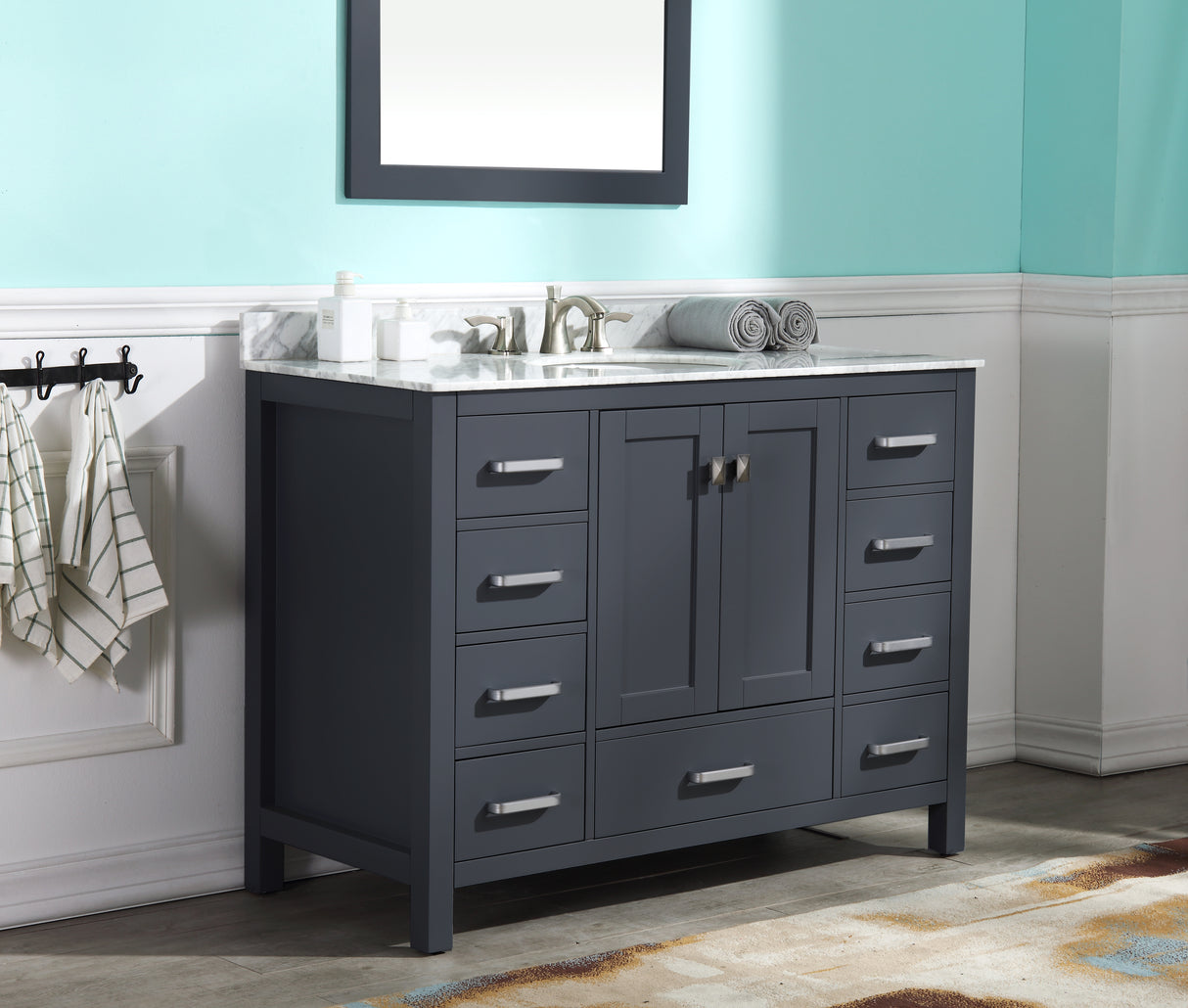 ANZZI VT-MRCT0048-GY Chateau 48 in. W x 22 in. D Bathroom Bath Vanity Set in Gray with Carrara Marble Top with White Sink