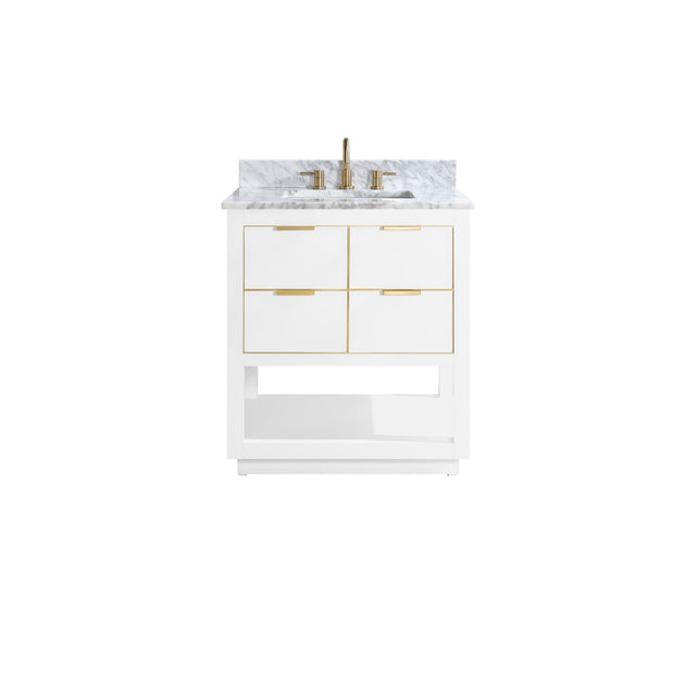 Avanity Allie 31 in. Vanity Combo in White with Gold Trim and Carrara White Marble Top 