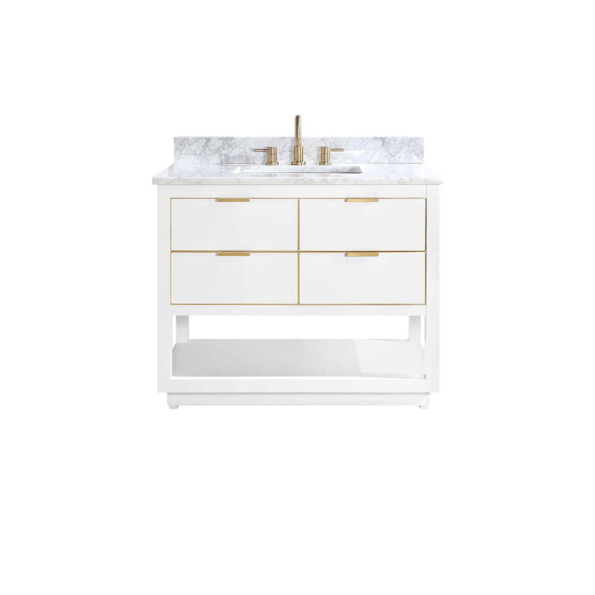 Avanity Allie 43 in. Vanity Combo in White with Gold Trim and Carrara White Marble Top 