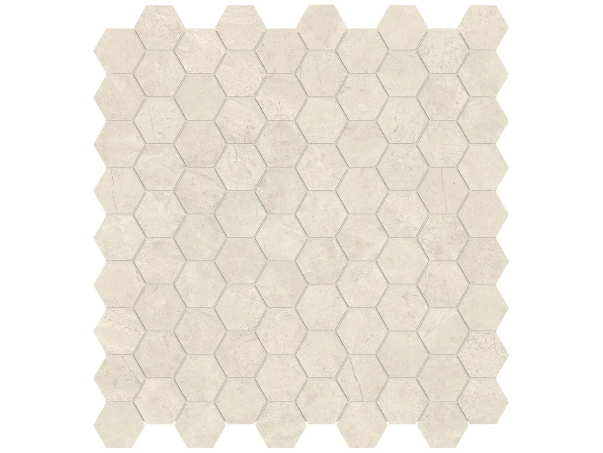 Anatolia Tile 1.25 Inch Mayfair Allure Ivory Polished Porcelain Hexagon Mosaics. 1 Sheet = .97 Sq. Ft. 4501-0145-1 Allure Ivory 1.25" Hexagon - premium natural stone mosaic tile from Anatolia Tile, available at PoshHaus showroom in Keene, NH