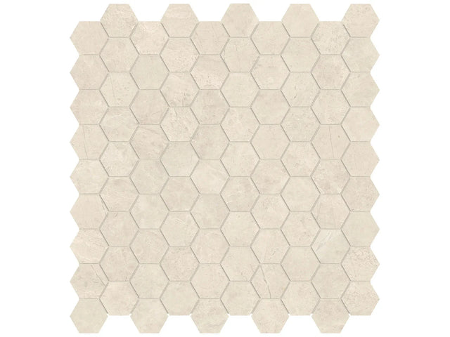 Anatolia Tile 1.25 Inch Mayfair Allure Ivory Polished Porcelain Hexagon Mosaics. 1 Sheet = .97 Sq. Ft. 4501-0145-1 Allure Ivory 1.25" Hexagon - premium natural stone mosaic tile from Anatolia Tile, available at PoshHaus showroom in Keene, NH