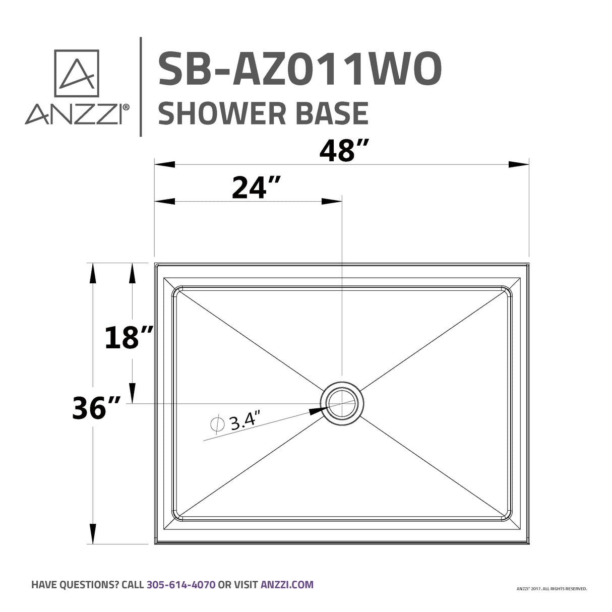 ANZZI SB-AZ011WO-R Series 36 in. x 48 in. Single Threshold Shower Base in White