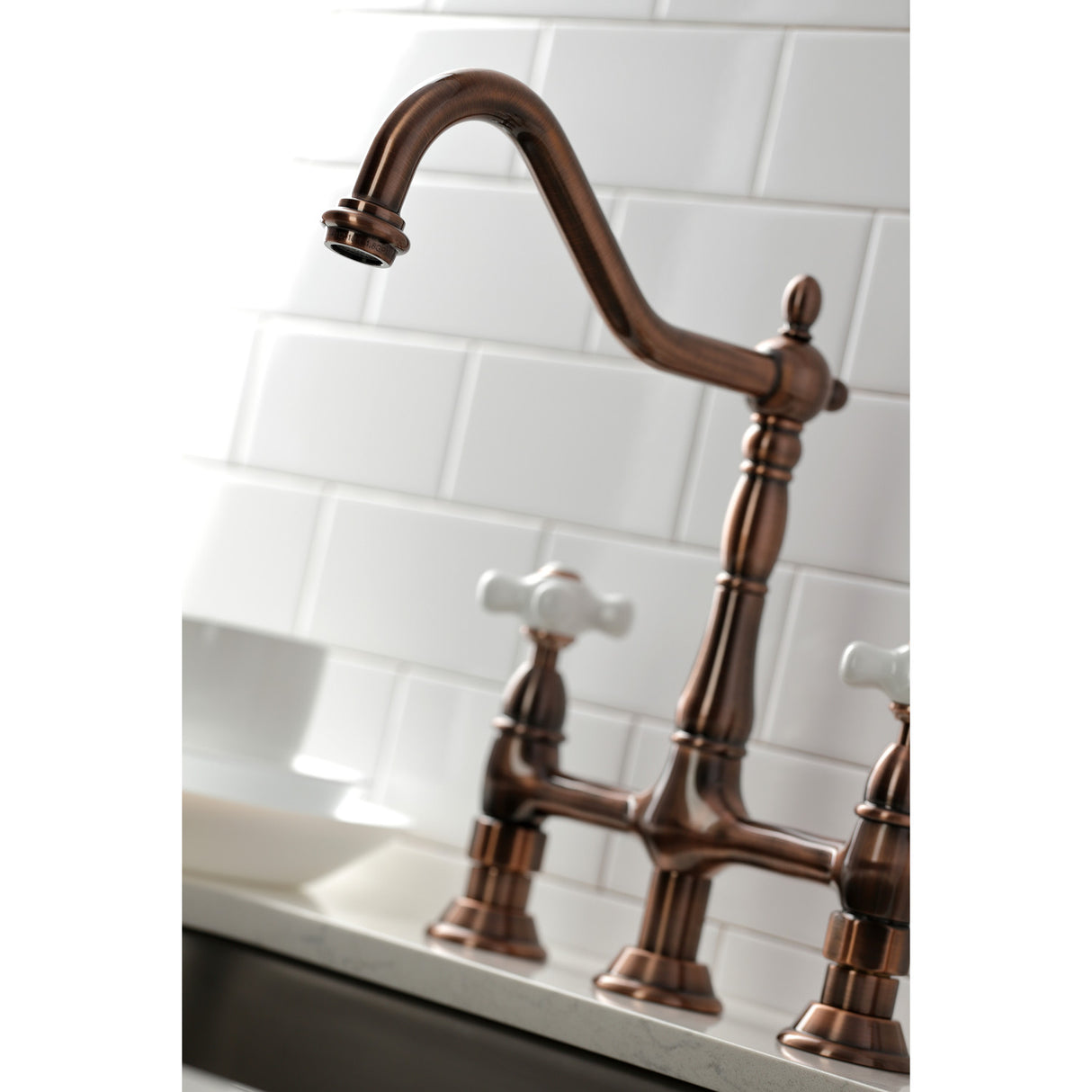 Kingston Brass KS127PXBSAC Heritage Bridge Kitchen Faucet with Brass Sprayer, Antique Copper