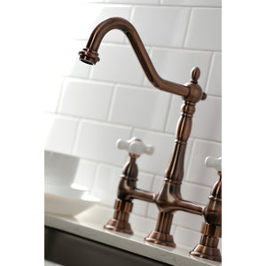 Kingston Brass KS127PXBSAC Heritage Bridge Kitchen Faucet with Brass Sprayer, Antique Copper