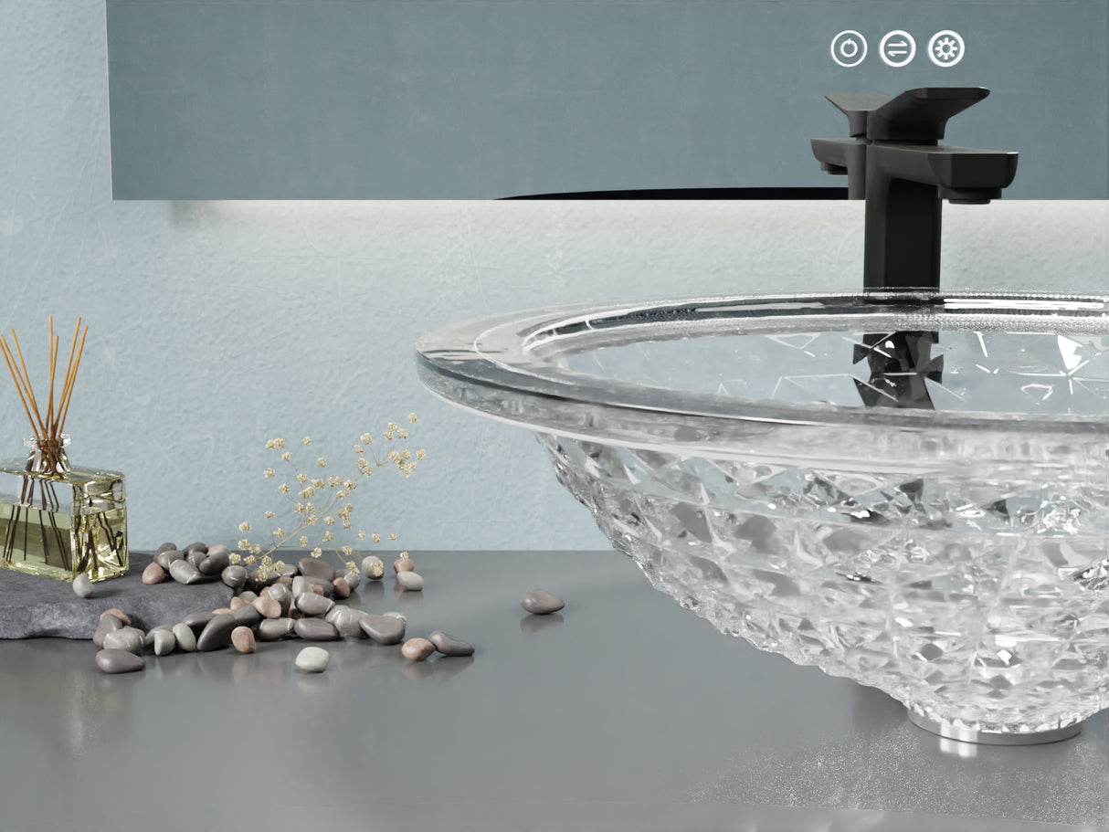 ANZZI LS-AZ904 Diamante Round Clear Glass Vessel Bathroom Sink with Faceted Pattern