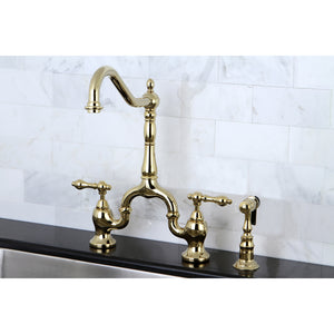 Kingston Brass KS7752ALBS English Country Kitchen Bridge Faucet with Brass Sprayer, Polished Brass
