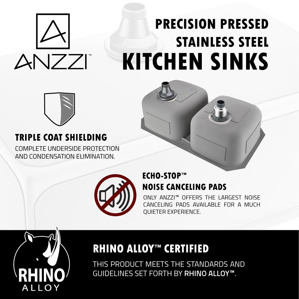 ANZZI K-AZ3218-2B Moore Undermount Stainless Steel 32 in. 0-Hole 50/50 Double Bowl Kitchen Sink in Brushed Satin