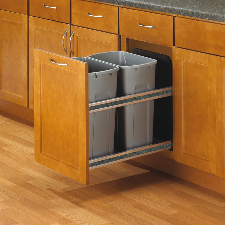 Häfele 503.13.533 KV - Waste Bin Pull-Out, Bottom Mount, Double, 50 Qt, Undermount Slide with Soft-Close, Frosted nickel