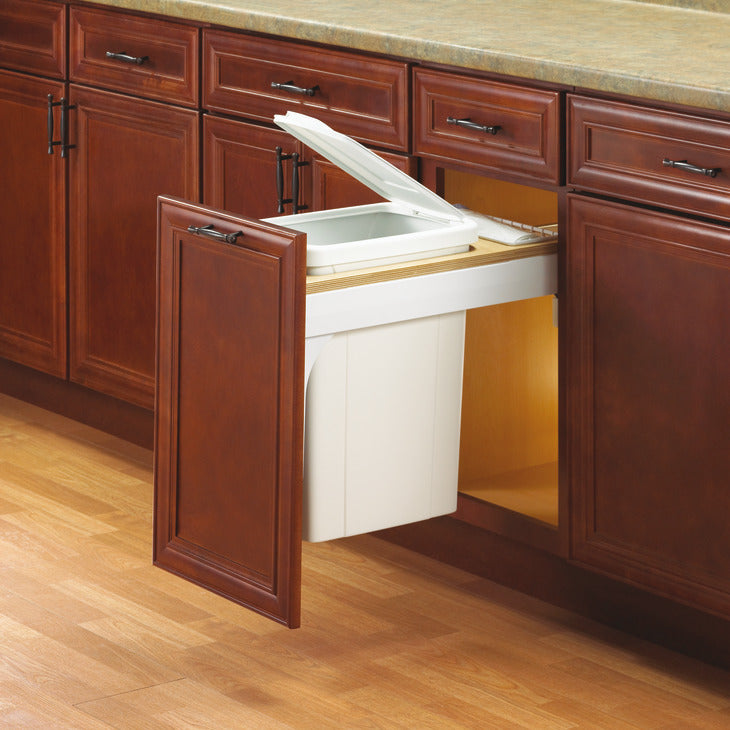 Häfele 503.11.735 KV - Waste Bin Pull-Out, Wood Frame, Side Mount, Single, Depth: 23 3/16", White, capacity: 35 qt.