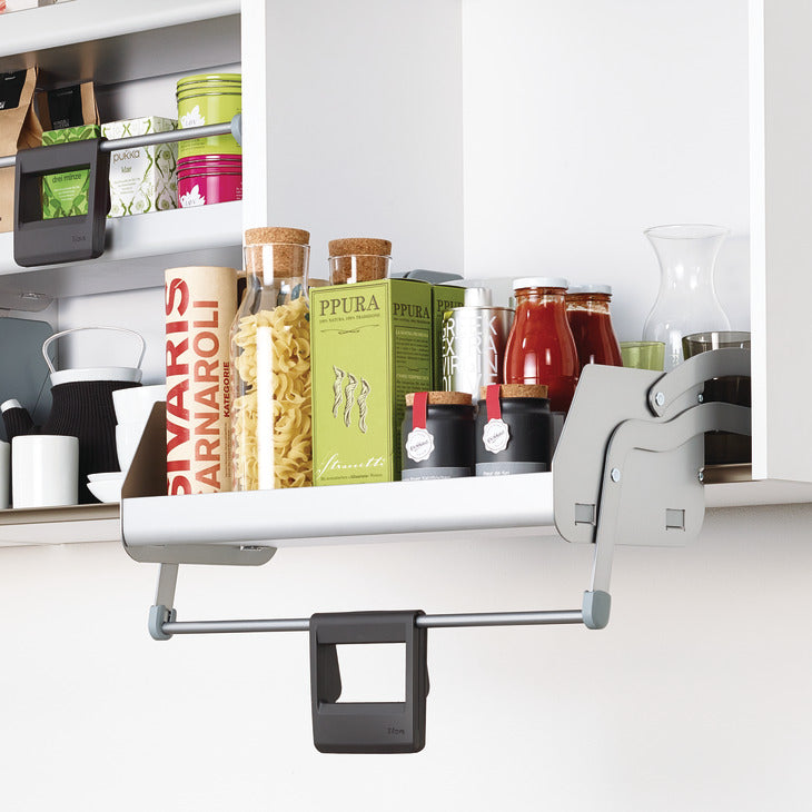 Häfele 504.69.713 iMOVE Pull Down Unit, for Face Frame, with Shim, 24" cabinet width, silver/white, single shelf