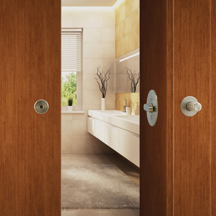 Häfele 911.26.940 BL100 Privacy Lock, for Sliding Barn Door, Round trim, T1 thumb-turn, matte stainless steel, 2 1/4" lock backset