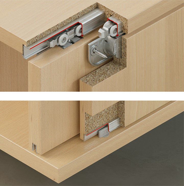 Häfele 402.33.026 Sliding Door Hardware, Slido F-Line21 40C, set, for thin cabinet top panels, for wooden sliding doors, with soft closing mechanism (optional), for door weight up to 40 kg, Infront, for 2 door, with retainer