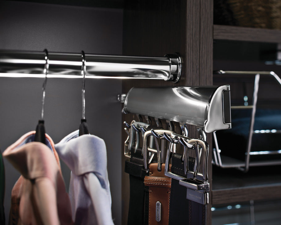 Häfele 807.67.615 TAG - Belt Rack, Synergy Elite Collection, 8 Hook, 17 15/16", With full extension slide, Matte nickel, with chrome hooks and end caps