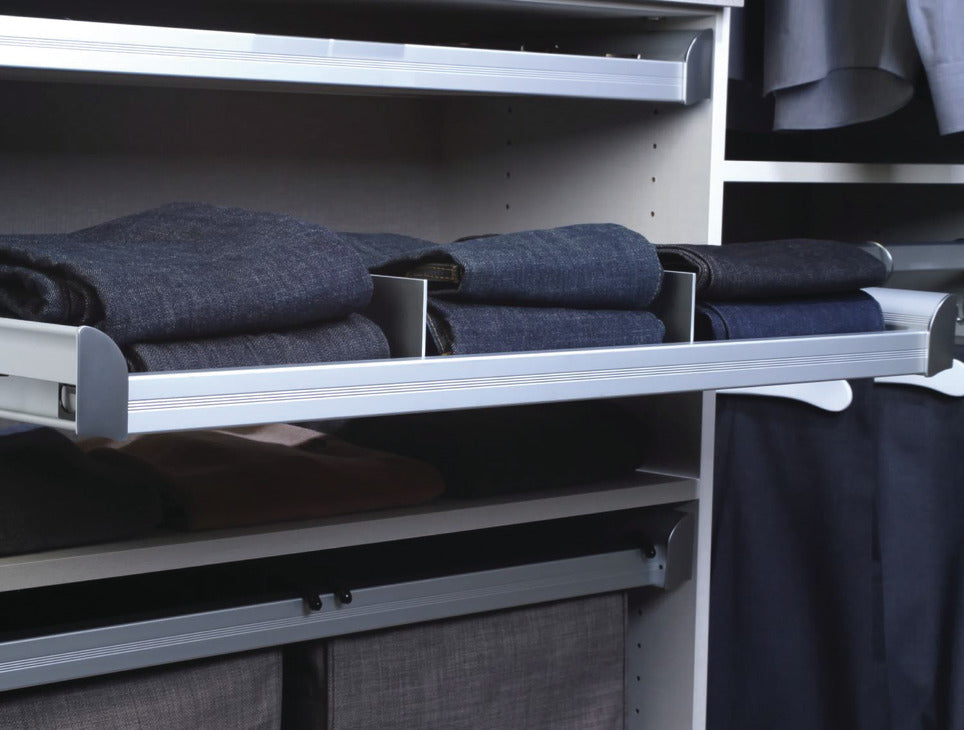 Häfele 807.77.603 TAG - Pull-Out Shelf, ENGAGE, Matte nickel and slate fabric, 30"