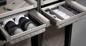 Häfele 807.77.012 TAG - Divided Lingerie Drawer, ENGAGE, Matte aluminum with slate fabric, 24" width