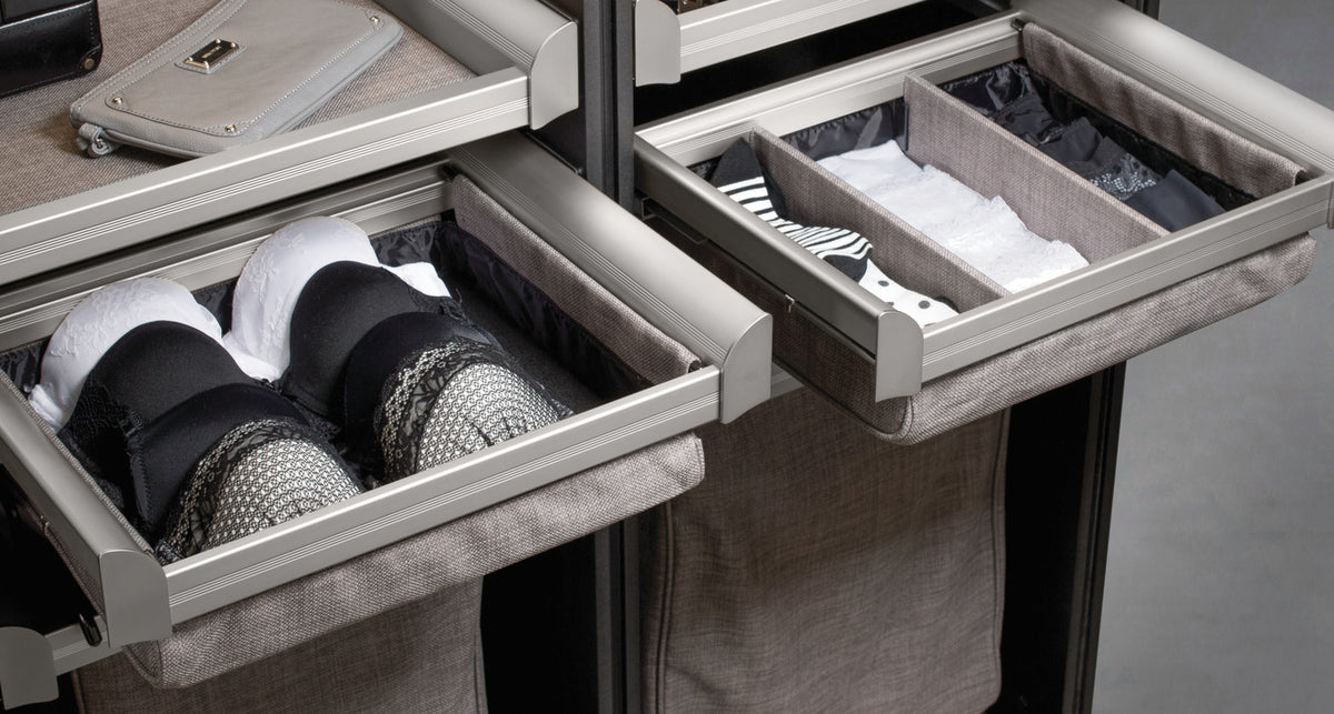 Häfele 807.77.614 TAG - Divided Lingerie Drawer, ENGAGE, Matte nickel with slate fabric, 36" wifth
