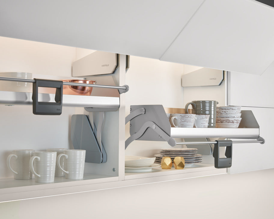 Häfele 504.69.713 iMOVE Pull Down Unit, for Face Frame, with Shim, 24" cabinet width, silver/white, single shelf