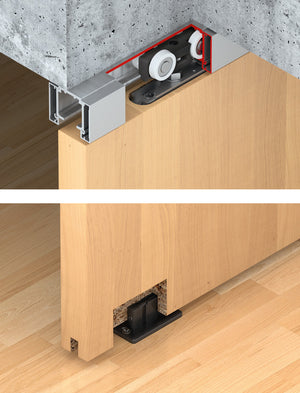 Häfele 940.83.017 Sliding Door Hardware, Slido D-Line11 50C/80C/120C, set without running track, for 1-leaf and 4-leaf wooden and sliding frame doors, ceiling installation and wall mounting, door height adjustable, With soft and self closing mechanism on 